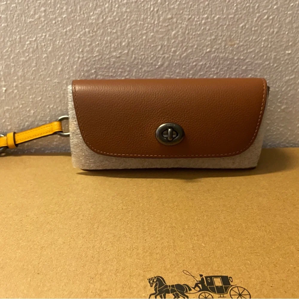 NWT Coach Brown Leather Sunglasses Case with Yellow Strap
